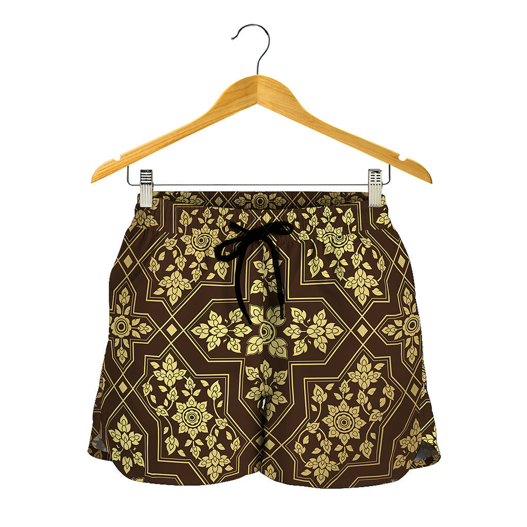 Gold And Brown Thai Pattern Print Women's Shorts