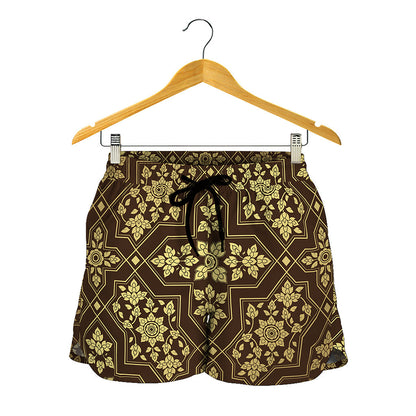 Gold And Brown Thai Pattern Print Women's Shorts
