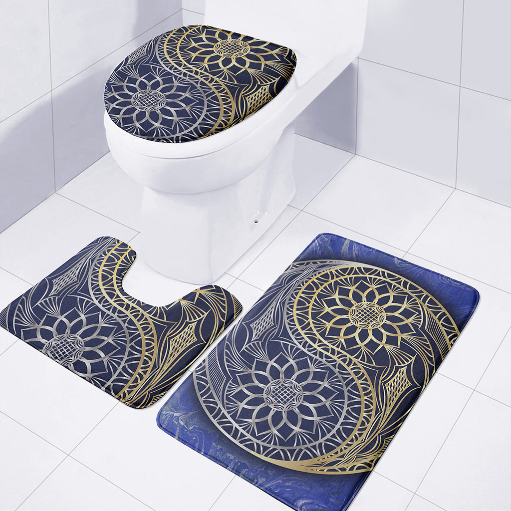Gold And Grey Yin Yang Flower Print 3 Piece Bath Mat Set