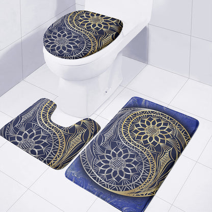 Gold And Grey Yin Yang Flower Print 3 Piece Bath Mat Set