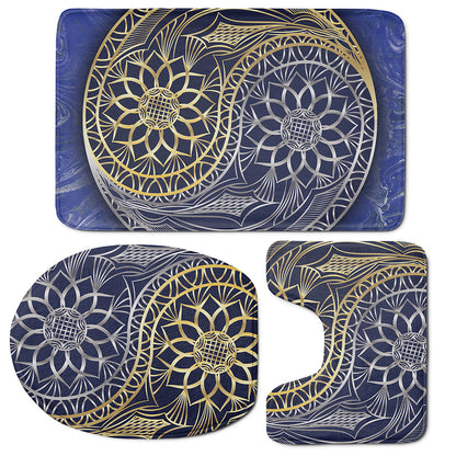 Gold And Grey Yin Yang Flower Print 3 Piece Bath Mat Set