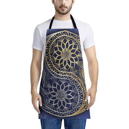 Gold And Grey Yin Yang Flower Print Apron