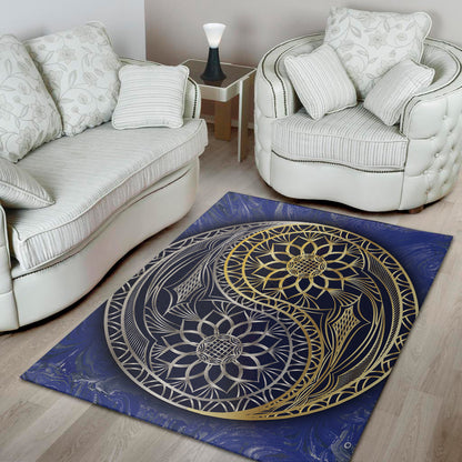 Gold And Grey Yin Yang Flower Print Area Rug