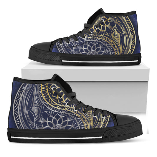Gold And Grey Yin Yang Flower Print Black High Top Shoes