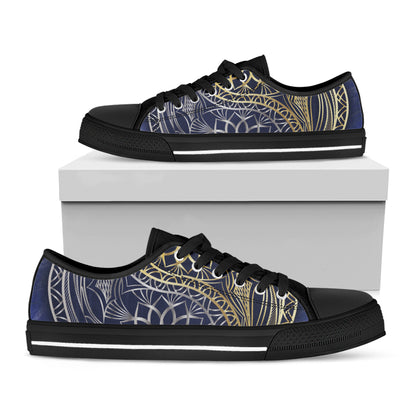 Gold And Grey Yin Yang Flower Print Black Low Top Shoes 