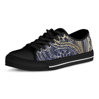 Gold And Grey Yin Yang Flower Print Black Low Top Shoes 