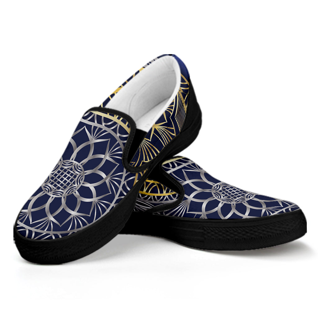 Gold And Grey Yin Yang Flower Print Black Slip On Shoes