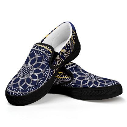 Gold And Grey Yin Yang Flower Print Black Slip On Shoes