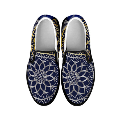 Gold And Grey Yin Yang Flower Print Black Slip On Shoes