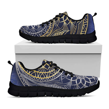 Gold And Grey Yin Yang Flower Print Black Sneakers