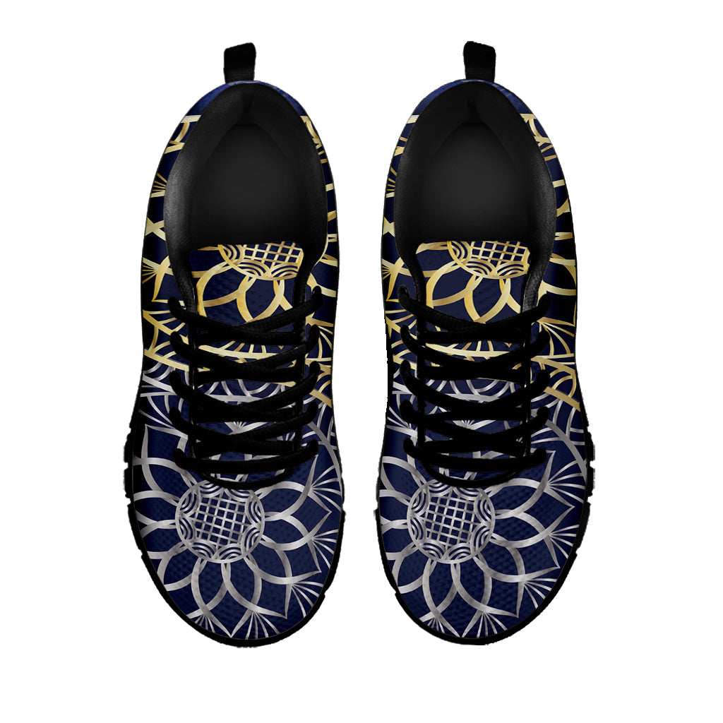 Gold And Grey Yin Yang Flower Print Black Sneakers