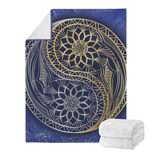 Gold And Grey Yin Yang Flower Print Blanket