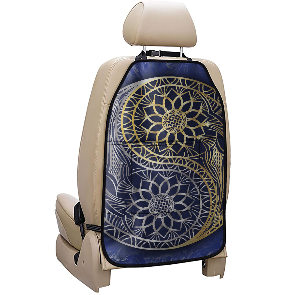 Gold And Grey Yin Yang Flower Print Car Seat Organizers