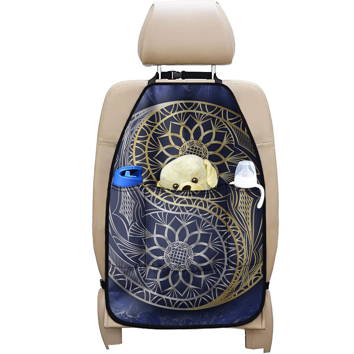 Gold And Grey Yin Yang Flower Print Car Seat Organizers