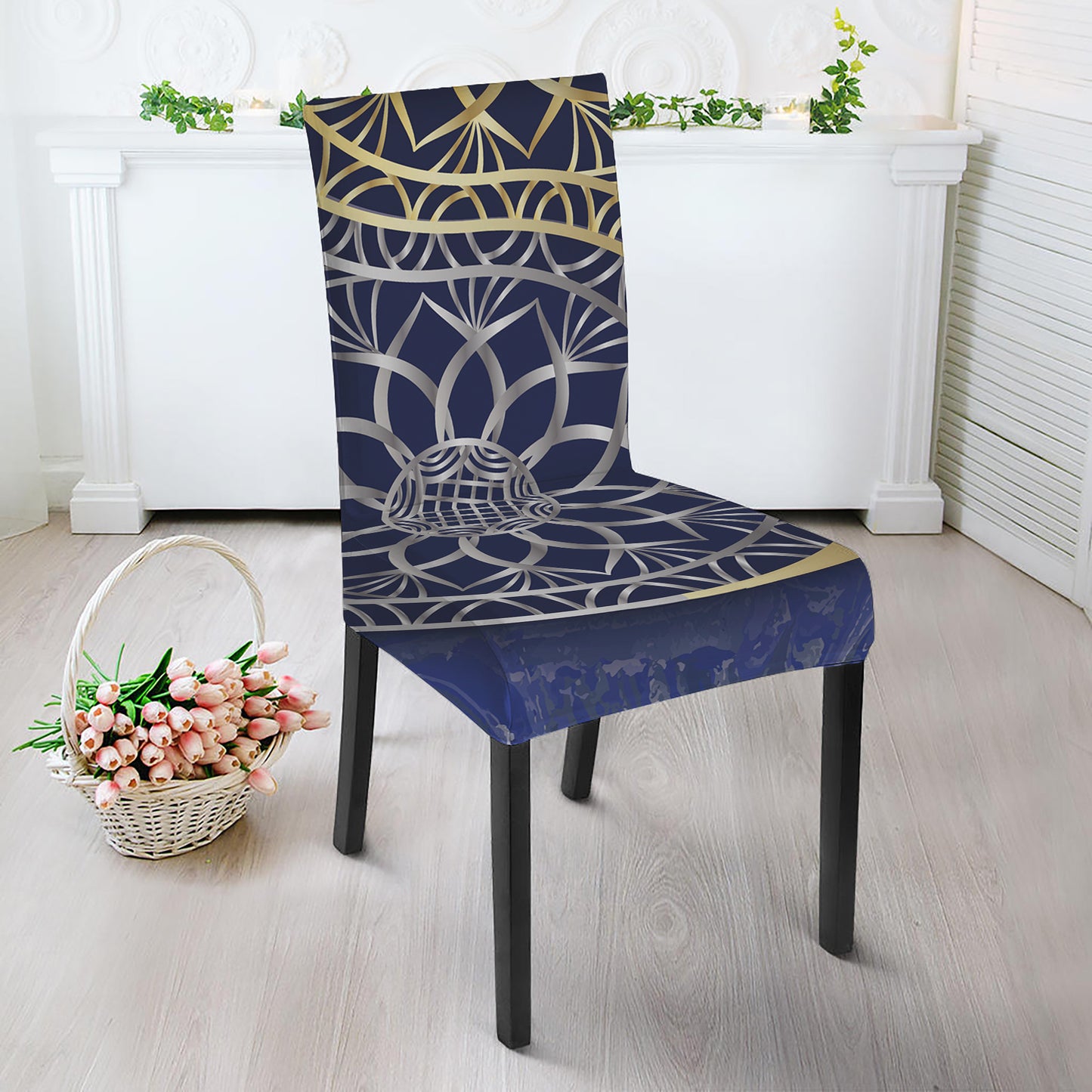 Gold And Grey Yin Yang Flower Print Dining Chair Slipcover