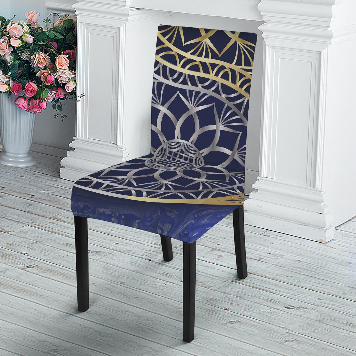 Gold And Grey Yin Yang Flower Print Dining Chair Slipcover