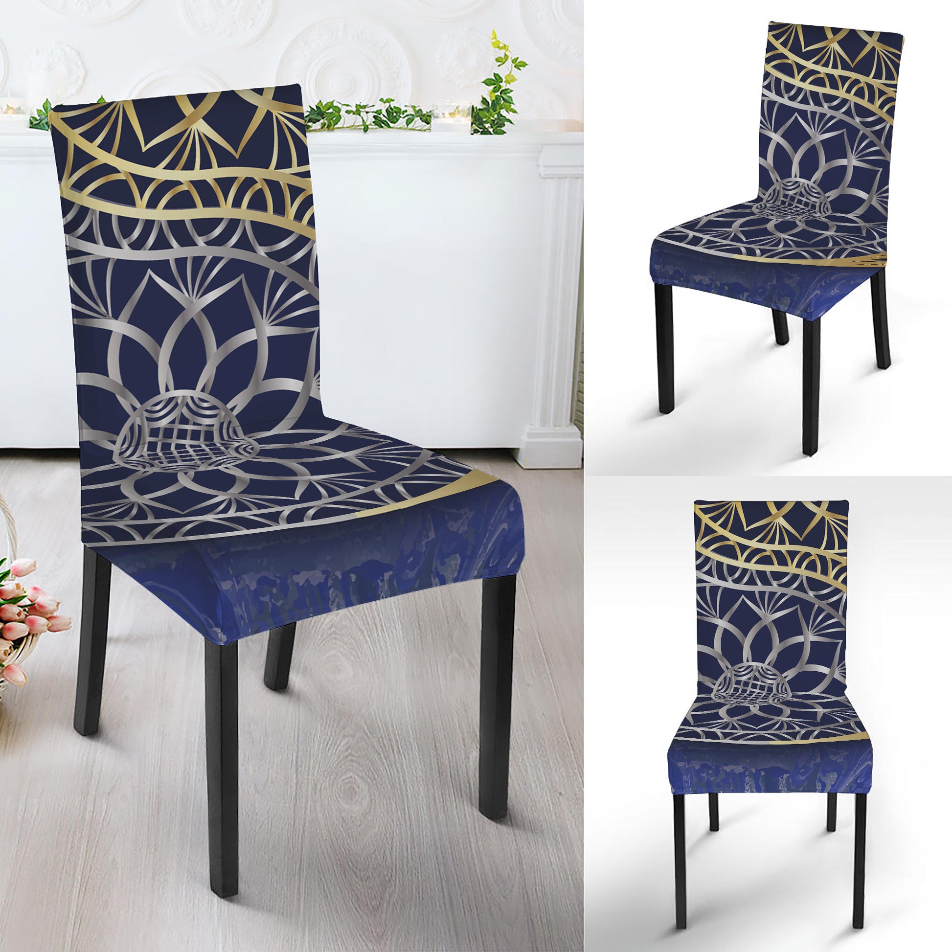 Gold And Grey Yin Yang Flower Print Dining Chair Slipcover