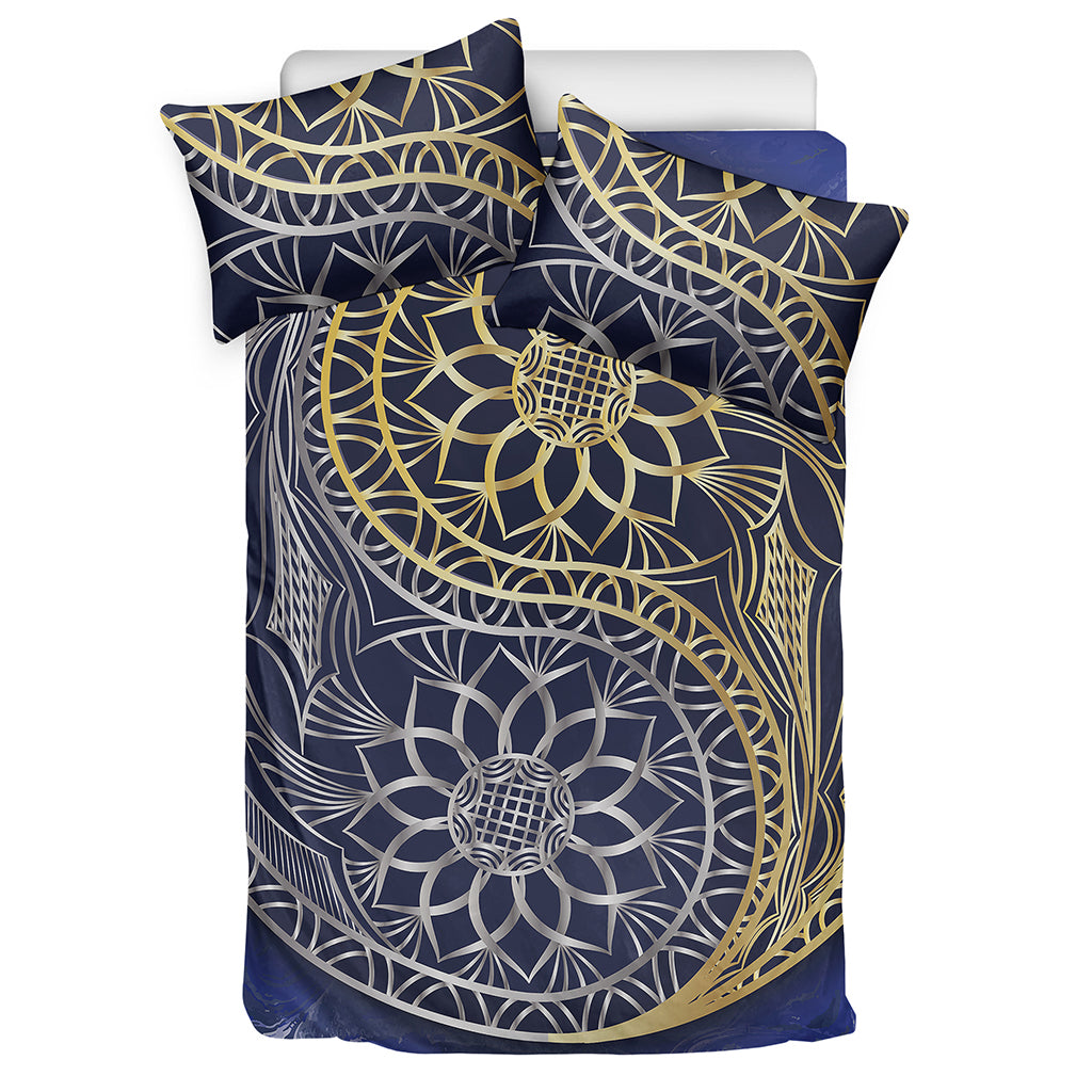 Gold And Grey Yin Yang Flower Print Duvet Cover Bedding Set