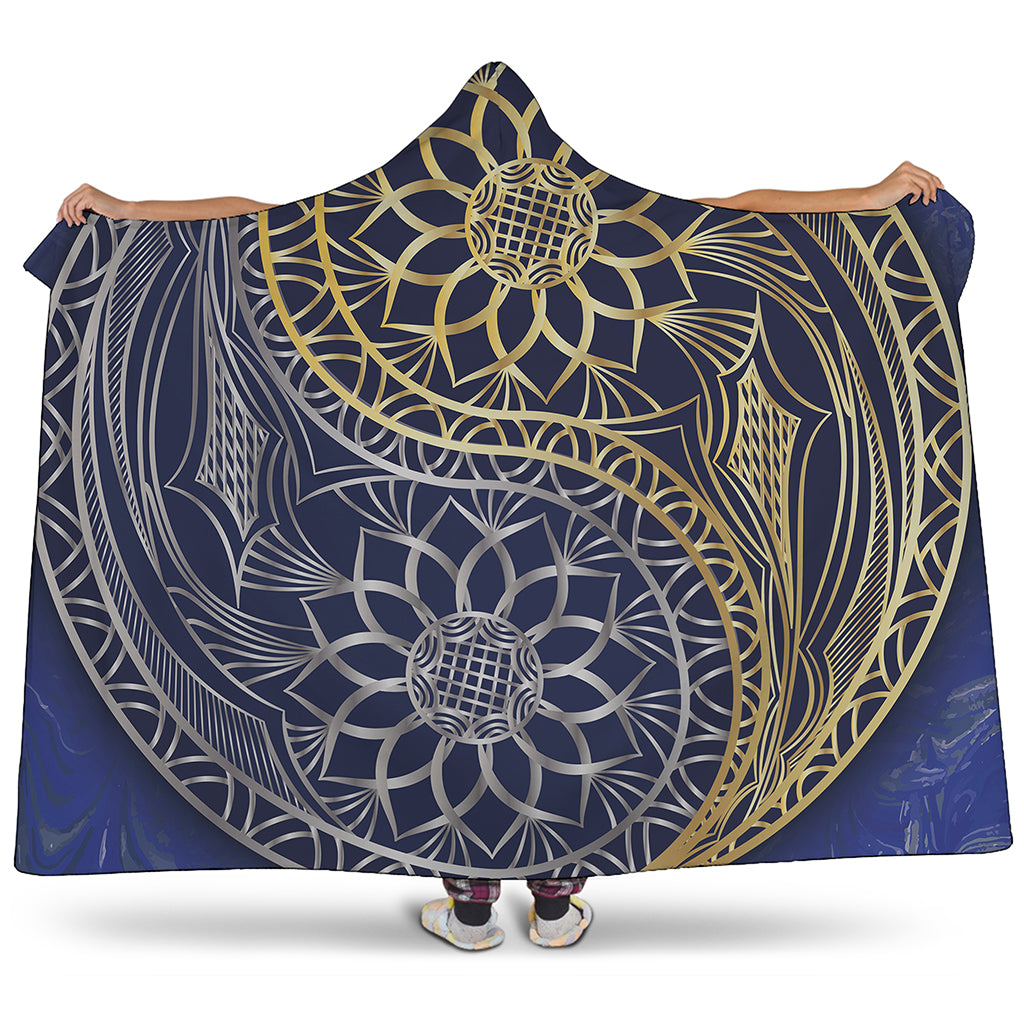 Gold And Grey Yin Yang Flower Print Hooded Blanket