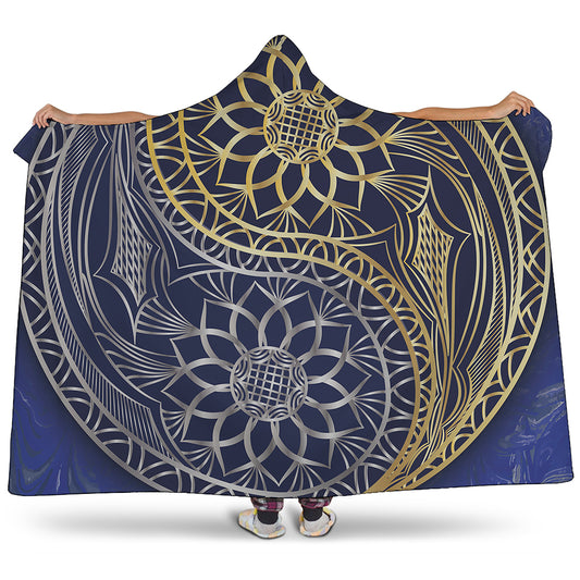 Gold And Grey Yin Yang Flower Print Hooded Blanket