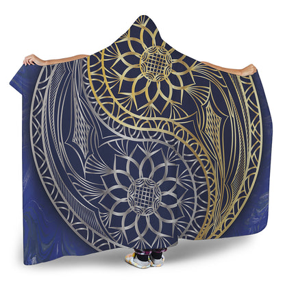 Gold And Grey Yin Yang Flower Print Hooded Blanket