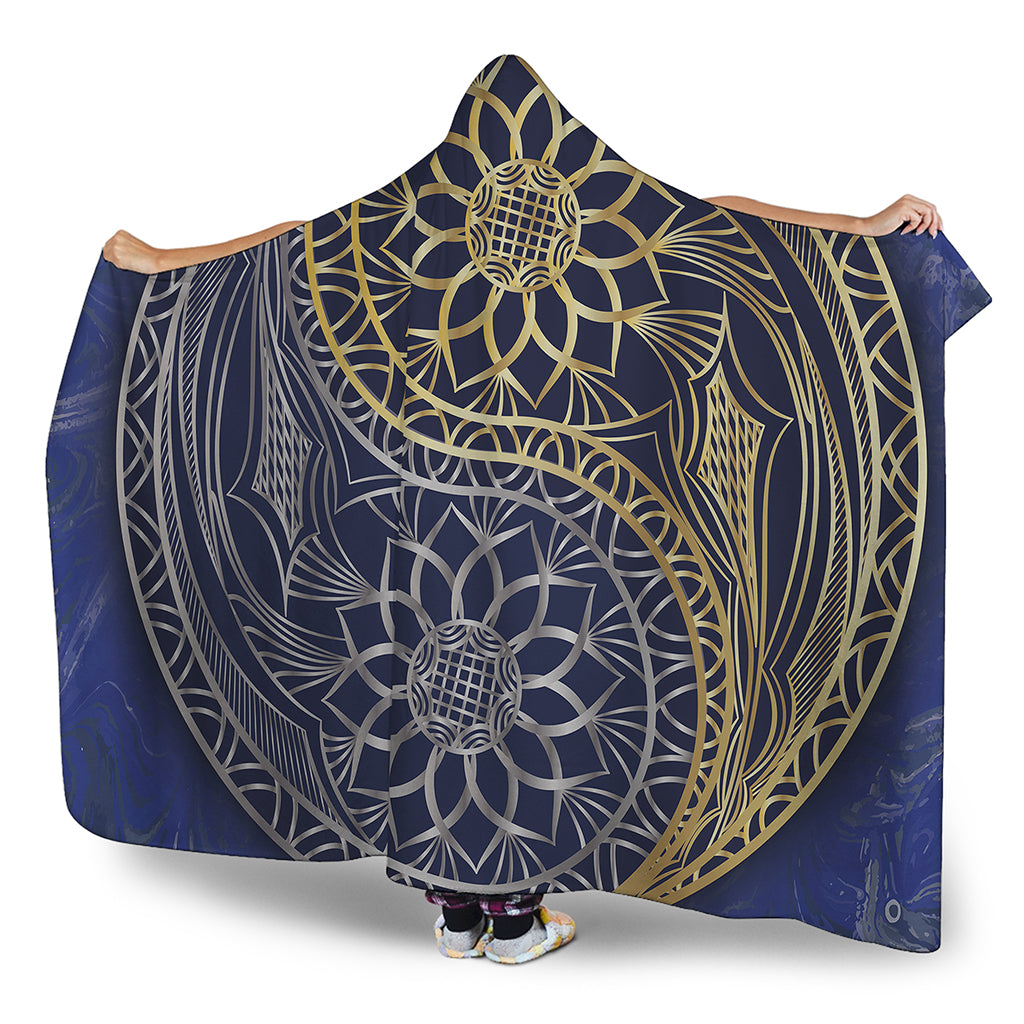 Gold And Grey Yin Yang Flower Print Hooded Blanket