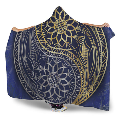Gold And Grey Yin Yang Flower Print Hooded Blanket
