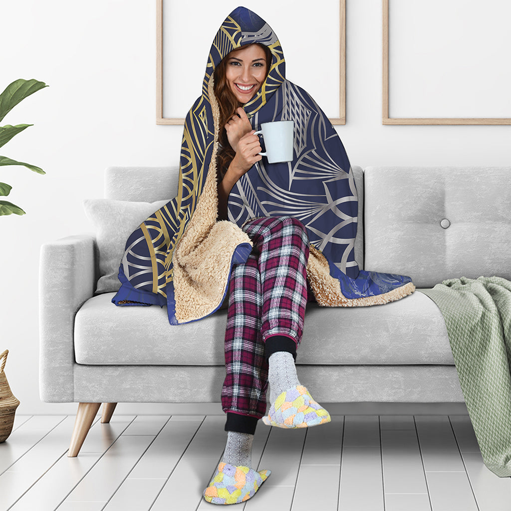 Gold And Grey Yin Yang Flower Print Hooded Blanket