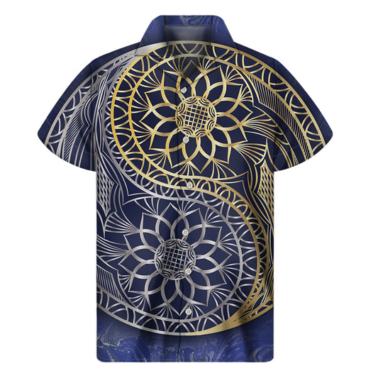 Gold And Grey Yin Yang Flower Print Men's Short Sleeve Shirt