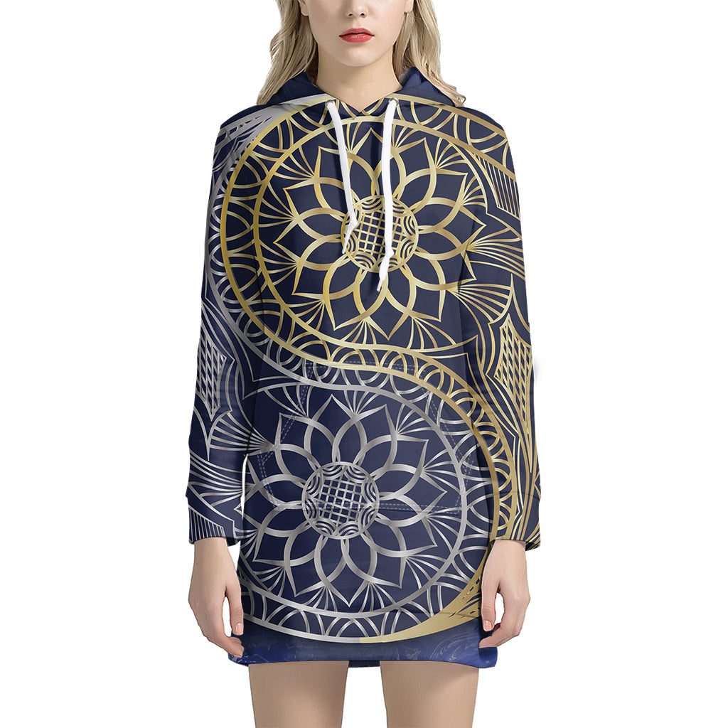 Gold And Grey Yin Yang Flower Print Pullover Hoodie Dress