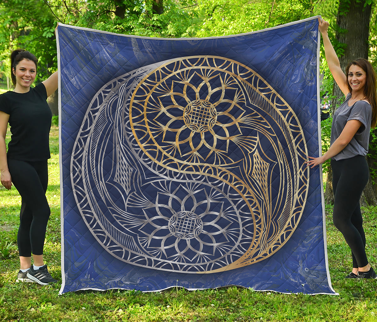 Gold And Grey Yin Yang Flower Print Quilt