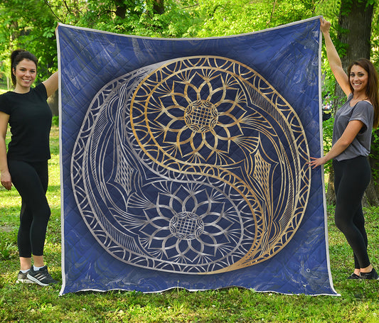 Gold And Grey Yin Yang Flower Print Quilt
