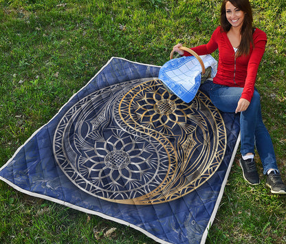 Gold And Grey Yin Yang Flower Print Quilt
