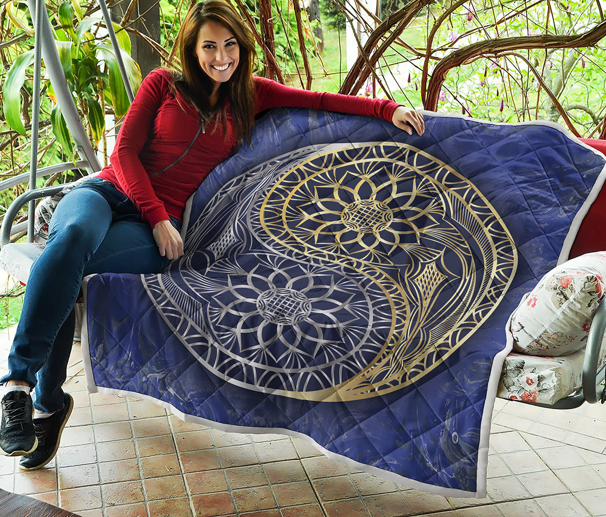 Gold And Grey Yin Yang Flower Print Quilt
