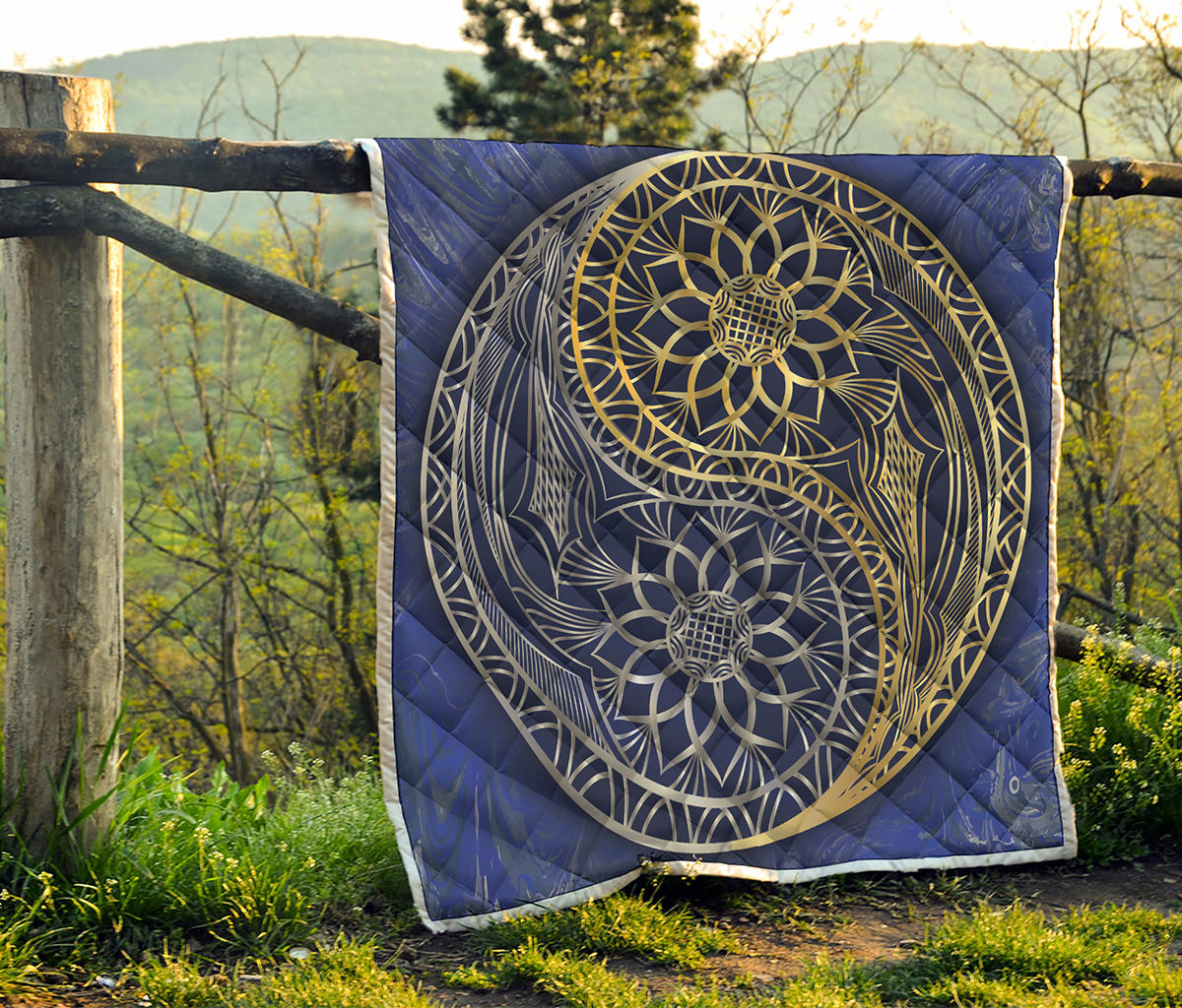 Gold And Grey Yin Yang Flower Print Quilt