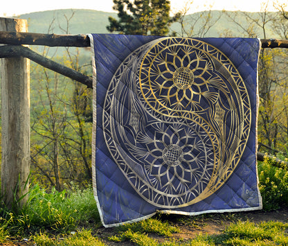 Gold And Grey Yin Yang Flower Print Quilt