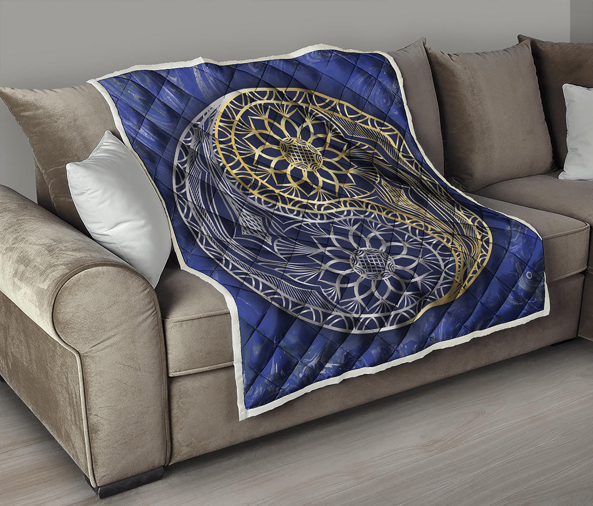 Gold And Grey Yin Yang Flower Print Quilt