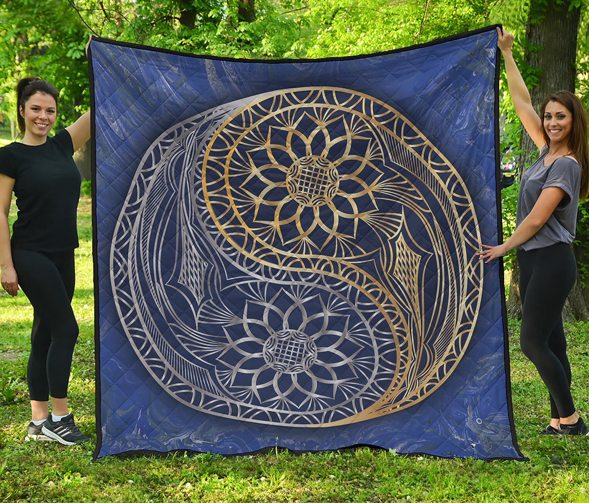 Gold And Grey Yin Yang Flower Print Quilt