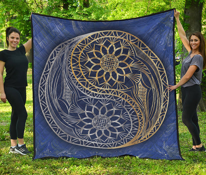 Gold And Grey Yin Yang Flower Print Quilt