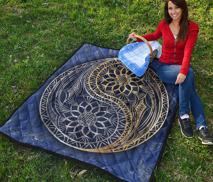 Gold And Grey Yin Yang Flower Print Quilt