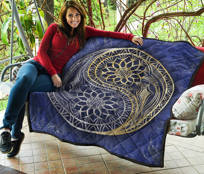 Gold And Grey Yin Yang Flower Print Quilt