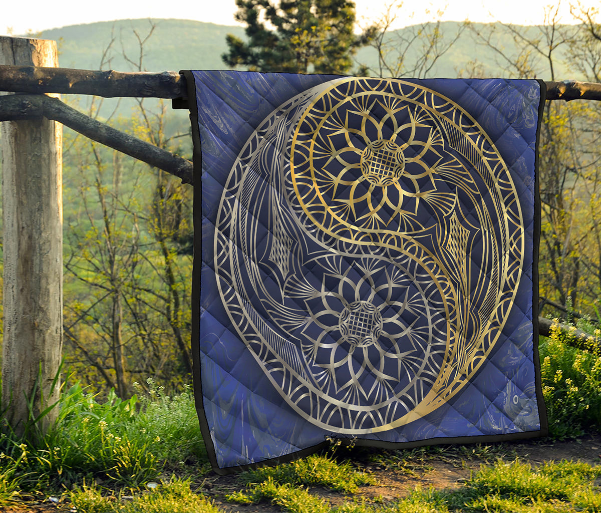Gold And Grey Yin Yang Flower Print Quilt