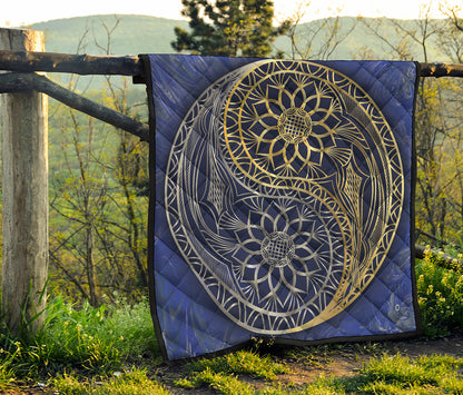 Gold And Grey Yin Yang Flower Print Quilt