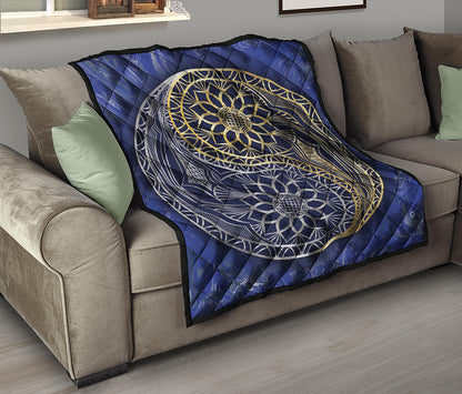 Gold And Grey Yin Yang Flower Print Quilt