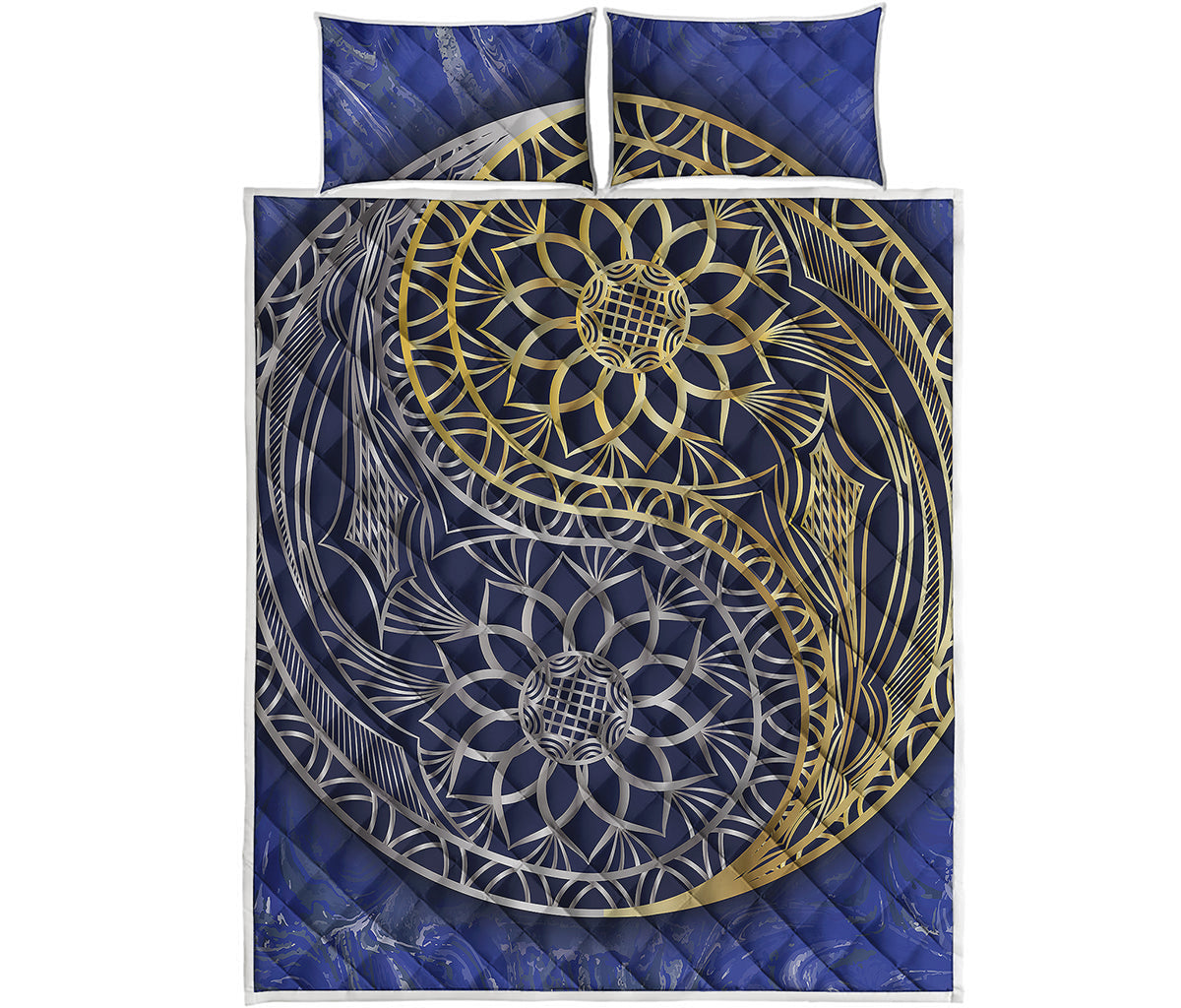 Gold And Grey Yin Yang Flower Print Quilt Bed Set