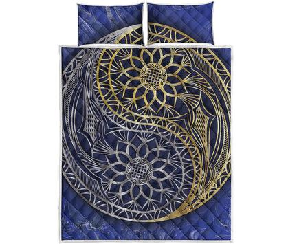 Gold And Grey Yin Yang Flower Print Quilt Bed Set