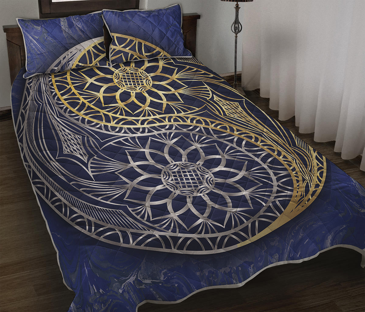 Gold And Grey Yin Yang Flower Print Quilt Bed Set