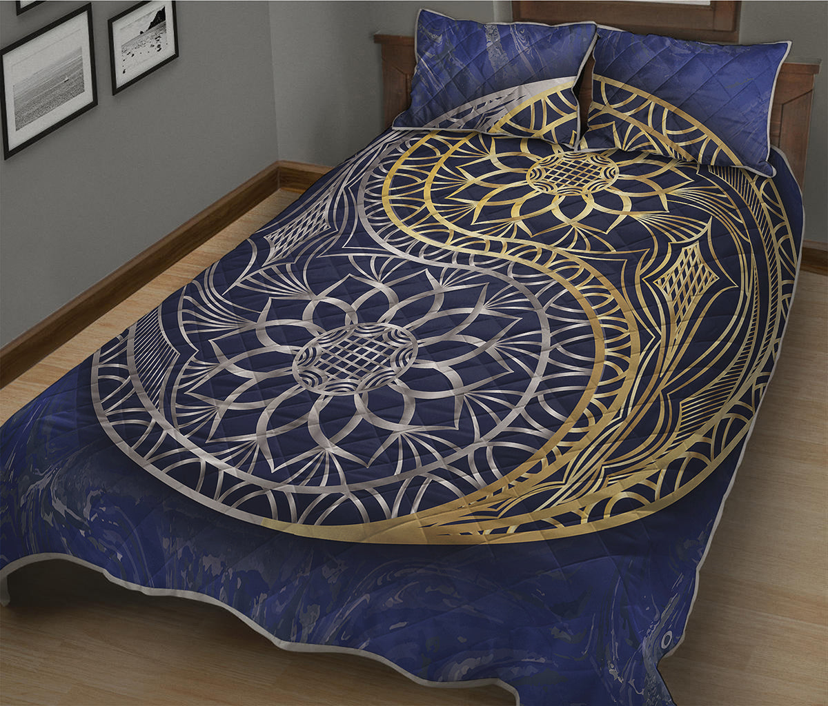 Gold And Grey Yin Yang Flower Print Quilt Bed Set