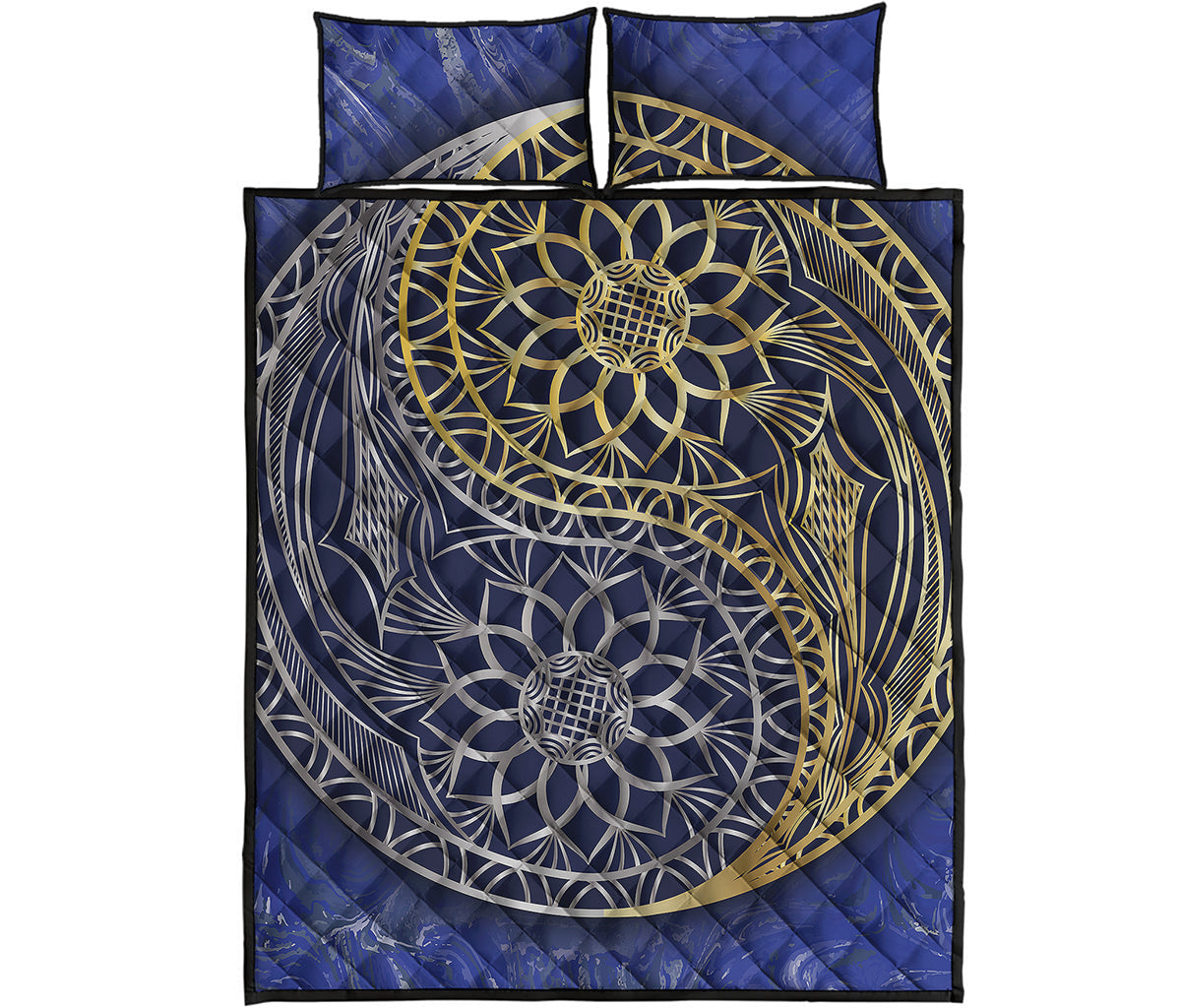 Gold And Grey Yin Yang Flower Print Quilt Bed Set