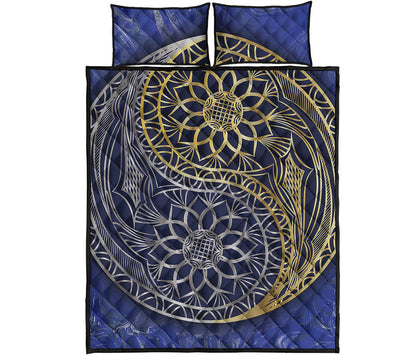 Gold And Grey Yin Yang Flower Print Quilt Bed Set